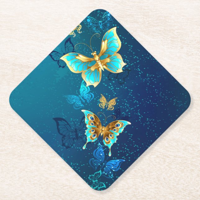 Goldene Schmetterlinge auf blauem Hintergrund Untersetzer (Vorderseite)