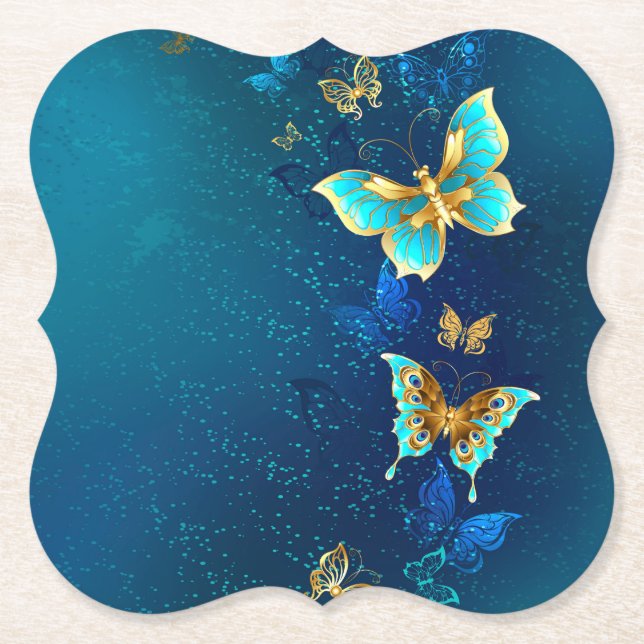 Goldene Schmetterlinge auf blauem Hintergrund Untersetzer (Vorderseite)