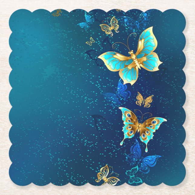 Goldene Schmetterlinge auf blauem Hintergrund Untersetzer (Vorderseite)