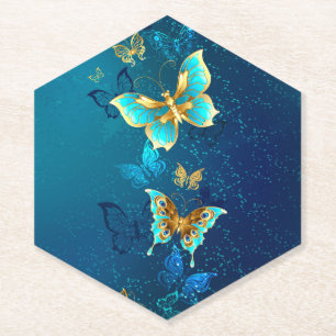 Goldene Schmetterlinge auf blauem Hintergrund Untersetzer