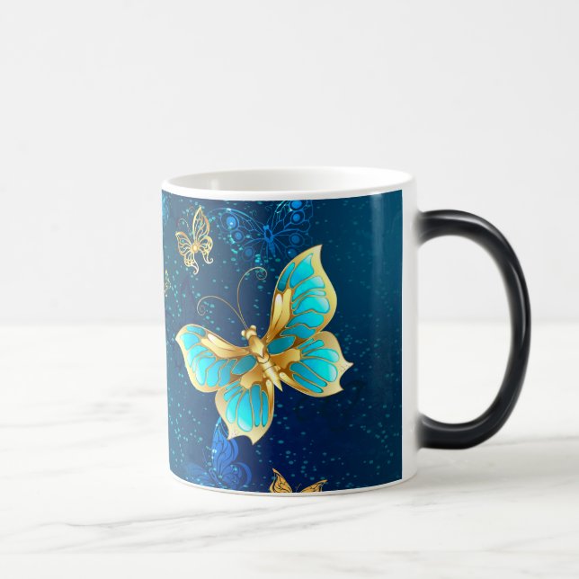 Goldene Schmetterlinge auf blauem Hintergrund Verwandlungstasse (Rechts)