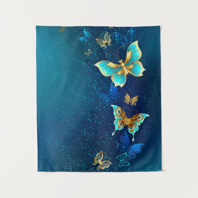 Goldene Schmetterlinge auf blauem Hintergrund Wandteppich (Vorderseite)