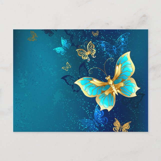 Goldene Schmetterlinge auf einem blauen Hintergrun Ankündigungspostkarte (Vorderseite)