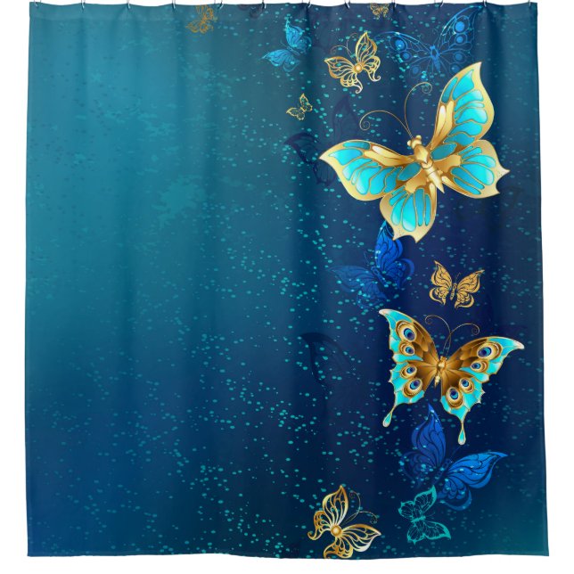 Goldene Schmetterlinge auf einem blauen Hintergrun Duschvorhang (Vorderseite)