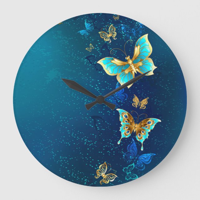 Goldene Schmetterlinge auf einem blauen Hintergrun Große Wanduhr (Vorderseite)