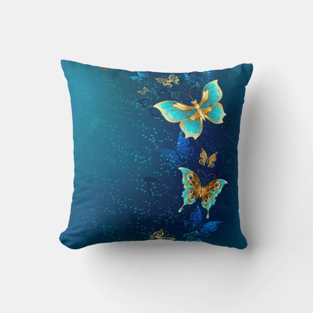Goldene Schmetterlinge auf einem blauen Hintergrun Kissen (Vorderseite)