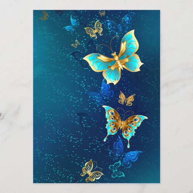 Goldene Schmetterlinge auf einem blauen Hintergrun Menükarte (Vorderseite)