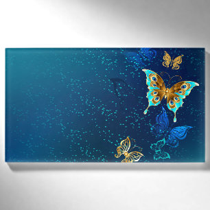 Goldene Schmetterlinge auf einem blauen Hintergrun Namenschild