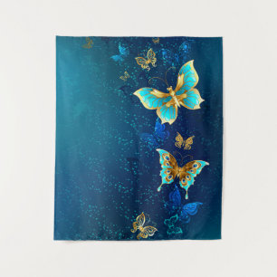 Goldene Schmetterlinge auf einem blauen Hintergrun Wandteppich