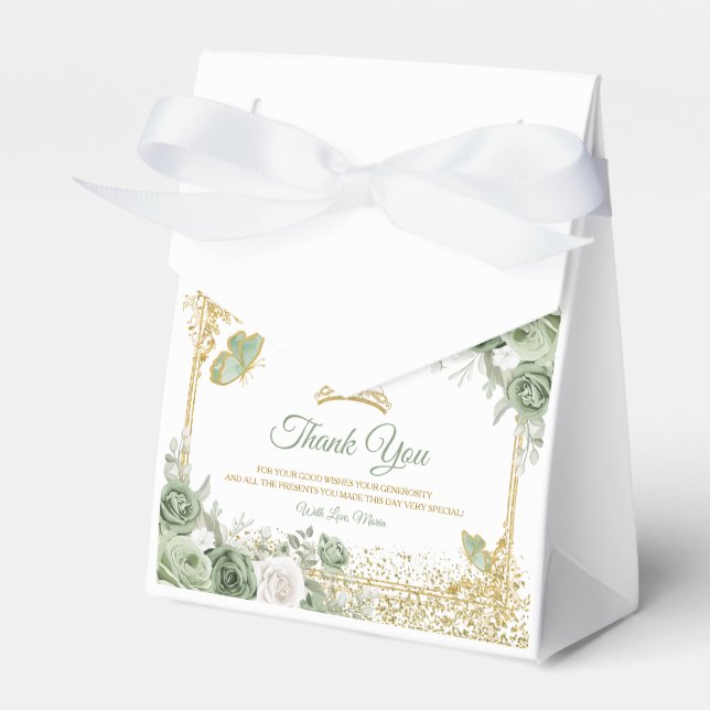 Goldene Schmetterlinge aus Quinceñera Sage Green C Geschenkschachtel (Vorderseite)
