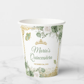 Goldene Schmetterlinge aus Quinceñera Sage Green C Pappbecher