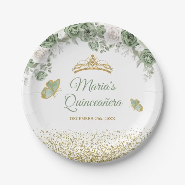 Goldene Schmetterlinge aus Quinceñera Sage Green C Pappteller (Vorderseite)