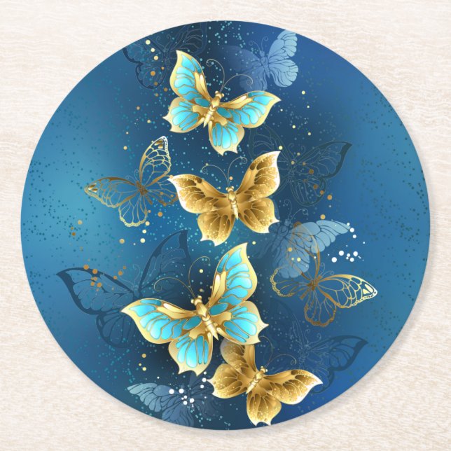 Goldene Schmetterlinge Runder Pappuntersetzer (Vorderseite)