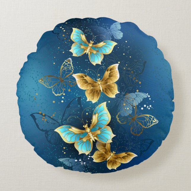 Goldene Schmetterlinge Rundes Kissen (Vorderseite)