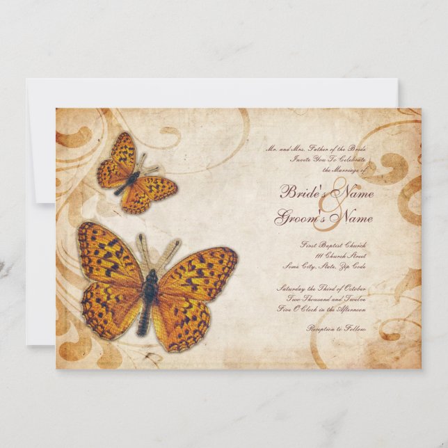 Goldene Schmetterlinge Vintage Hochzeit Einladunge Einladung (Vorderseite)