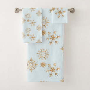 Goldene Schneeflocke auf Frosty Blue Christmas Pat Badhandtuch Set