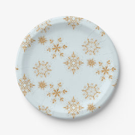 Goldene Schneeflocke auf Frosty Blue Christmas Pat Pappteller