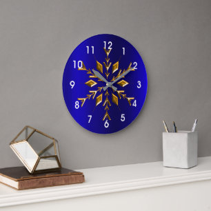 Goldene Schneeflocke zu Blauen Weihnachten Große Wanduhr