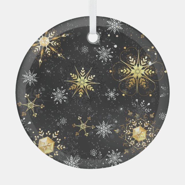 Goldene Schneeflocken auf dem Schwarzen Hintergrun Ornament Aus Glas (Vorderseite)