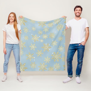 Goldene Schneeflocken auf Himmelblau – Eleganter W Fleecedecke