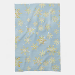 Goldene Schneeflocken auf Himmelblau – Eleganter W Geschirrtuch