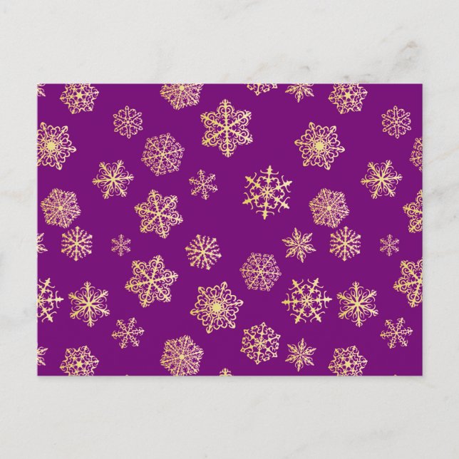 Goldene Schneeflocken auf lila Hintergrund Postkarte (Vorderseite)