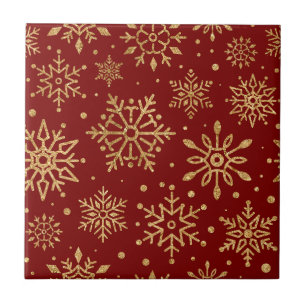 Goldene Schneeflocken auf Rot - Klassisches Weihna Fliese