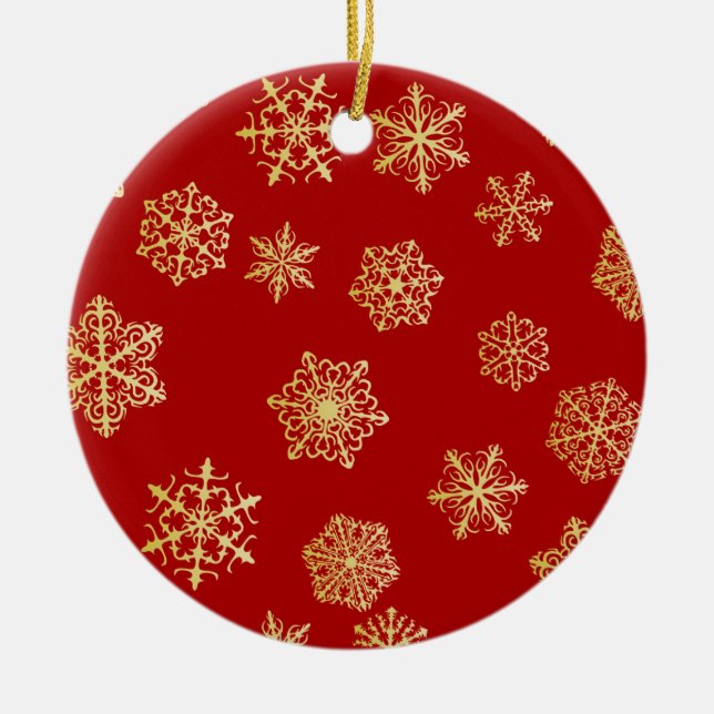 Goldene Schneeflocken auf rotem Hintergrund Keramikornament (Vorne)