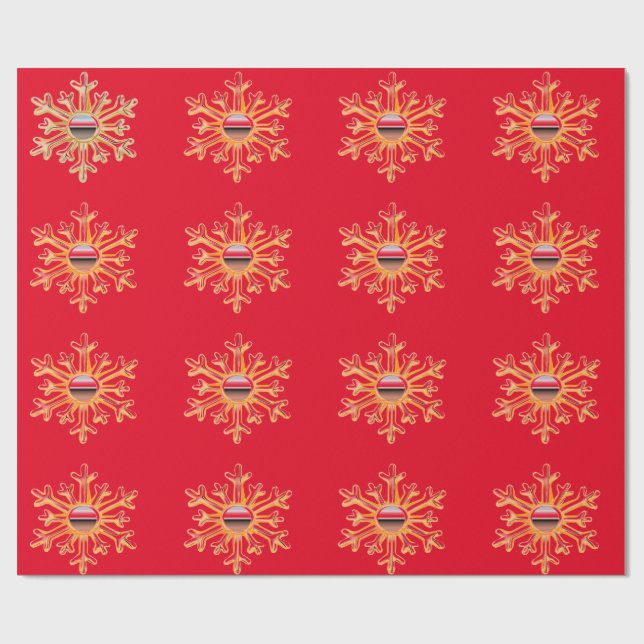 Goldene Schneeflocken auf rotem Papier Geschenkpapier (Flach)
