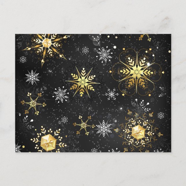 Goldene Schneeflocken auf schwarzem Hintergrund Ankündigungspostkarte (Vorderseite)
