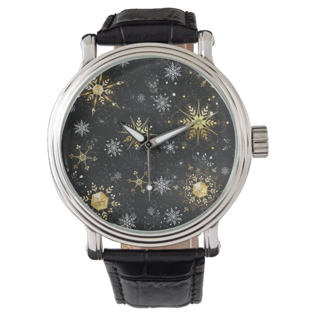 Goldene Schneeflocken auf schwarzem Hintergrund Armbanduhr (Vorderseite)