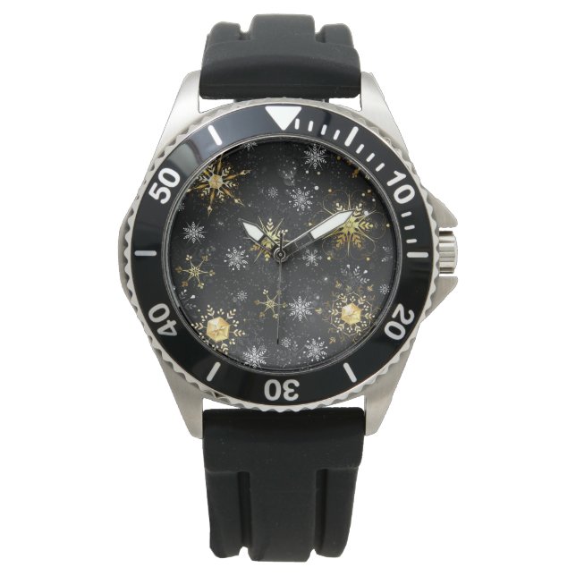 Goldene Schneeflocken auf schwarzem Hintergrund Armbanduhr (Vorderseite)