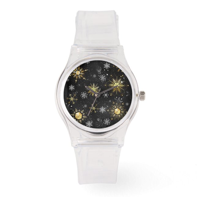 Goldene Schneeflocken auf schwarzem Hintergrund Armbanduhr (Vorderseite)