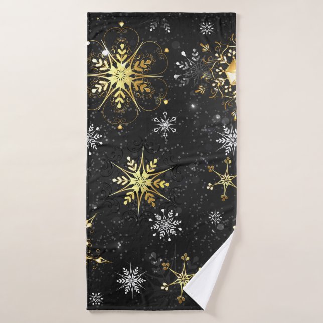 Goldene Schneeflocken auf schwarzem Hintergrund Badehandtuch (Badehandtuch)