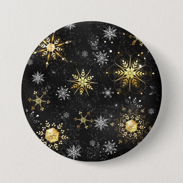 Goldene Schneeflocken auf schwarzem Hintergrund Button (Vorderseite)