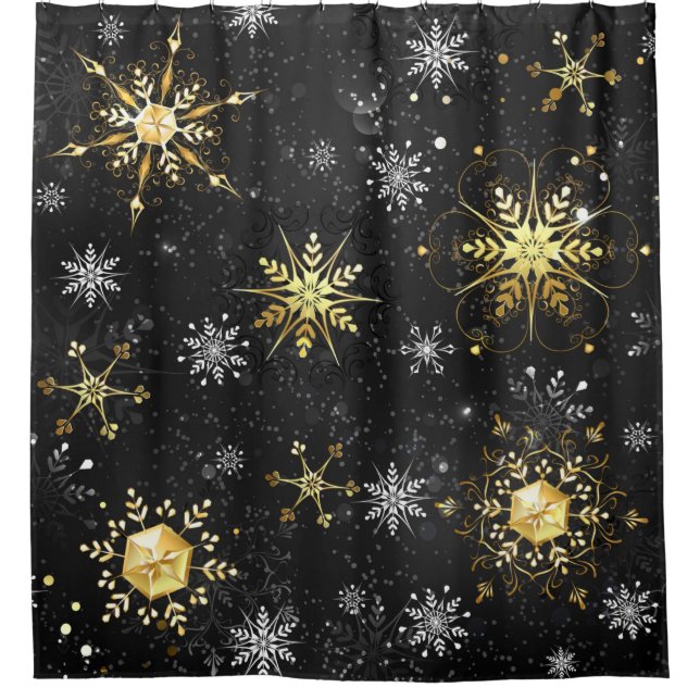 Goldene Schneeflocken auf schwarzem Hintergrund Duschvorhang (Vorderseite)