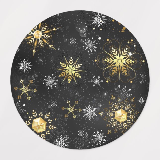 Goldene Schneeflocken auf schwarzem Hintergrund Etiketten (Design 1)