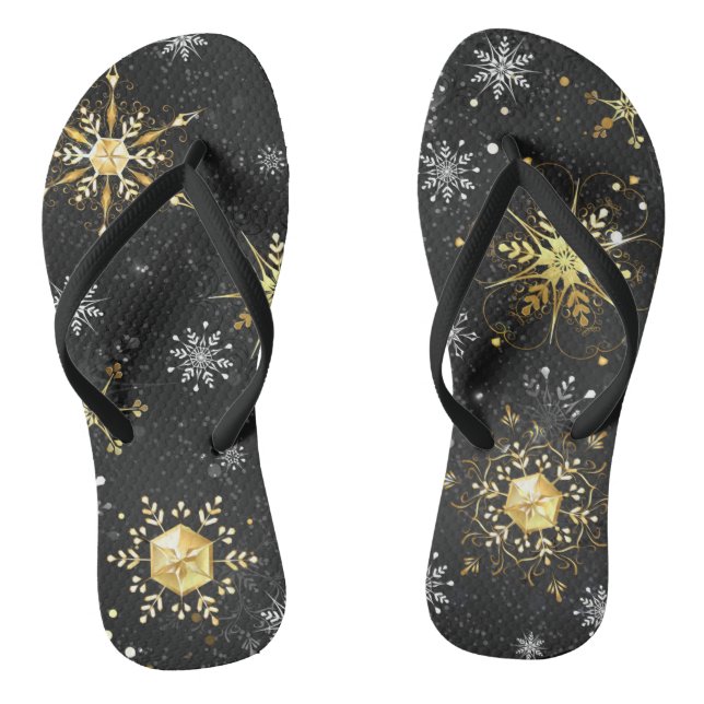 Goldene Schneeflocken auf schwarzem Hintergrund Flip Flops (Fußbett)