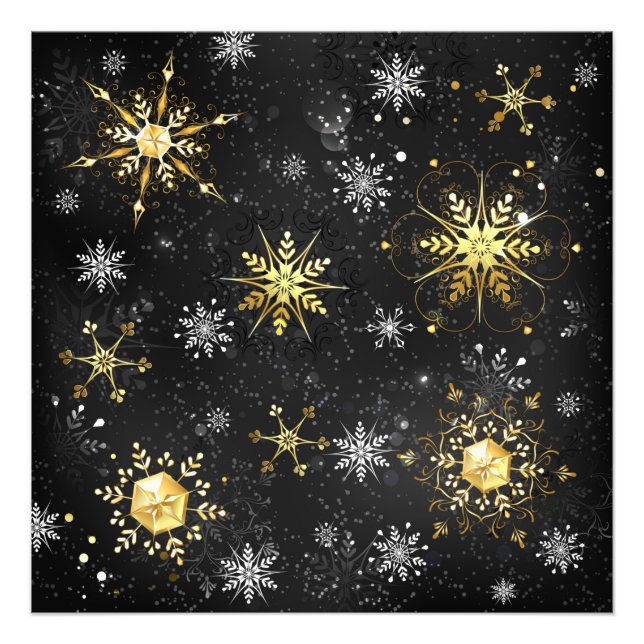 Goldene Schneeflocken auf schwarzem Hintergrund Fotodruck (Vorne)