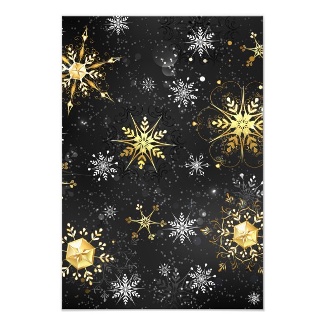 Goldene Schneeflocken auf schwarzem Hintergrund Fotodruck (Vorne)
