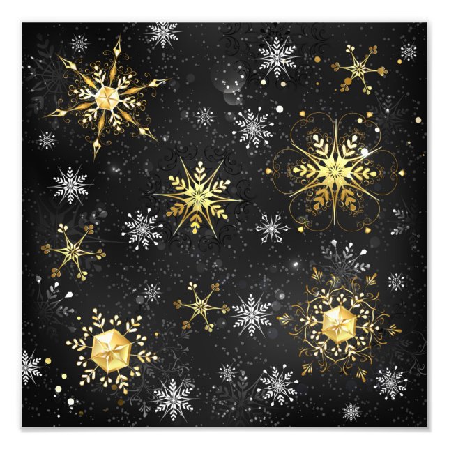 Goldene Schneeflocken auf schwarzem Hintergrund Fotodruck (Vorne)
