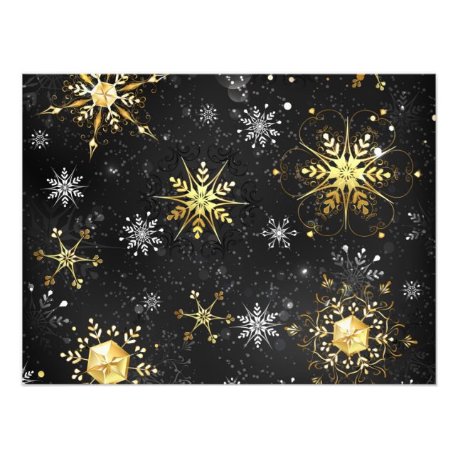 Goldene Schneeflocken auf schwarzem Hintergrund Fotodruck (Vorne)