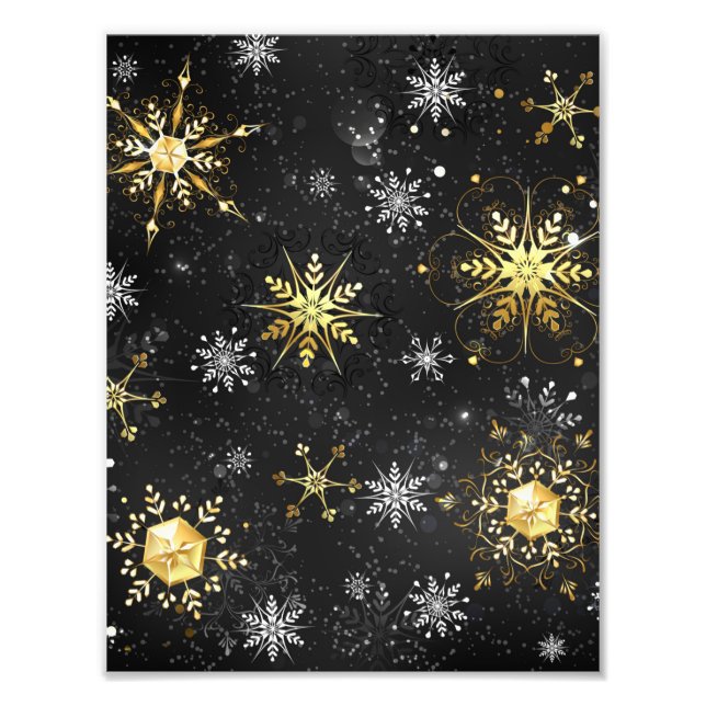 Goldene Schneeflocken auf schwarzem Hintergrund Fotodruck (Vorne)