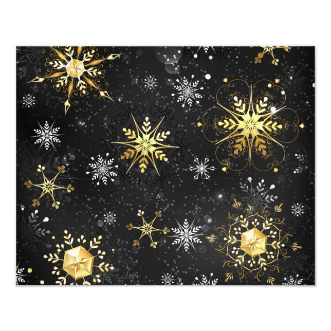 Goldene Schneeflocken auf schwarzem Hintergrund Fotodruck (Vorne)