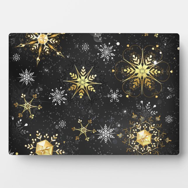 Goldene Schneeflocken auf schwarzem Hintergrund Fotoplatte (Vorderseite)