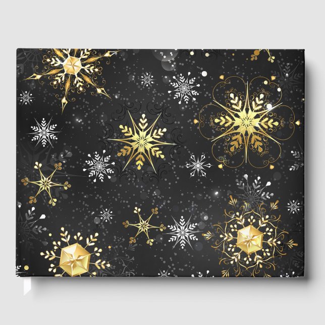 Goldene Schneeflocken auf schwarzem Hintergrund Gästebuch (Vorderseite)