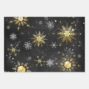 Goldene Schneeflocken auf schwarzem Hintergrund Geschenkpapier Set