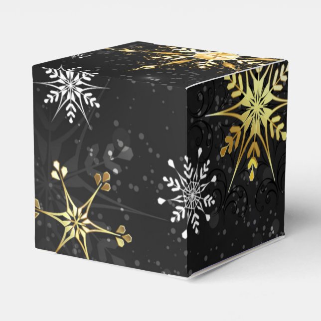Goldene Schneeflocken auf schwarzem Hintergrund Geschenkschachtel (Rückseite)