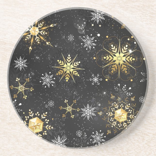 Goldene Schneeflocken auf schwarzem Hintergrund Getränkeuntersetzer (Vorne)