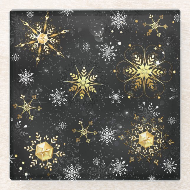 Goldene Schneeflocken auf schwarzem Hintergrund Glasuntersetzer (Vorderseite)
